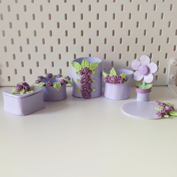 Lilac Desk Organizer Set – Clay Decor with Floral Details HANDMADE GIFT SET