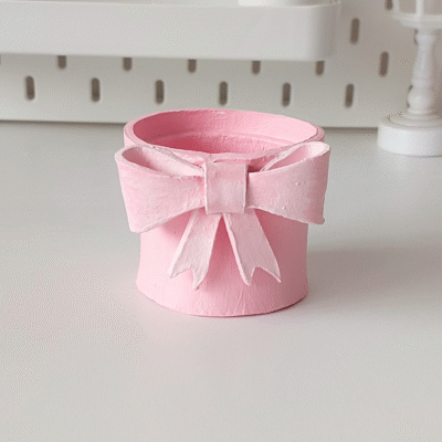 Small customizable clay plant pot in light pink with bow design handmade gift