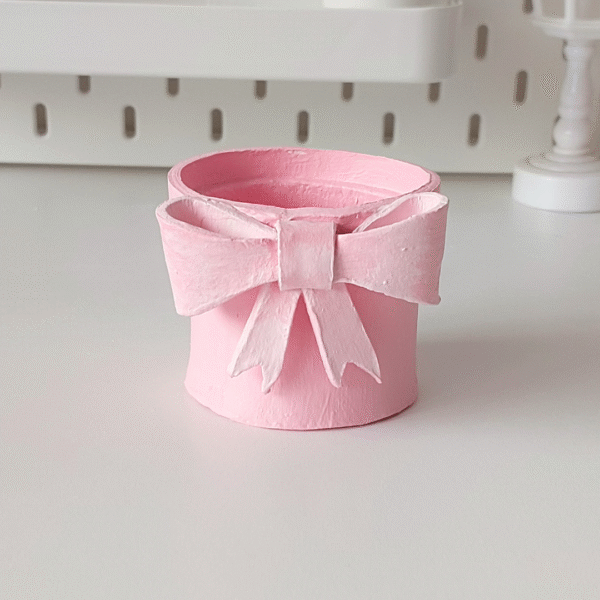 Small customizable clay plant pot in light pink with bow design handmade gift