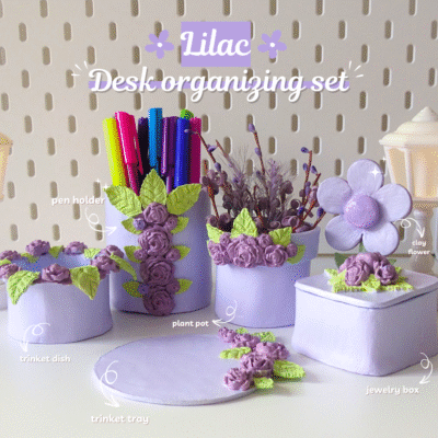 Lilac clay desk organizer set with flower and leaf decorations handmade gift
