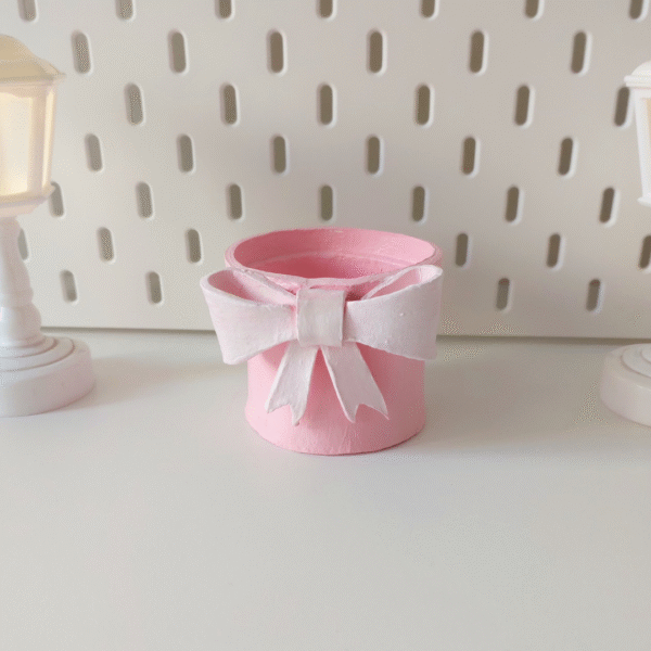 Small customizable clay plant pot in light pink with bow design handmade gift