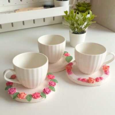 Pink floral coaster set of 3 handmade clay coasters