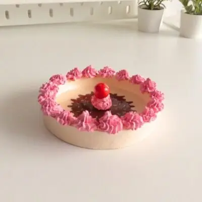 Handmade clay cake jewelry holder with spinning cherry top for rings and small treasures